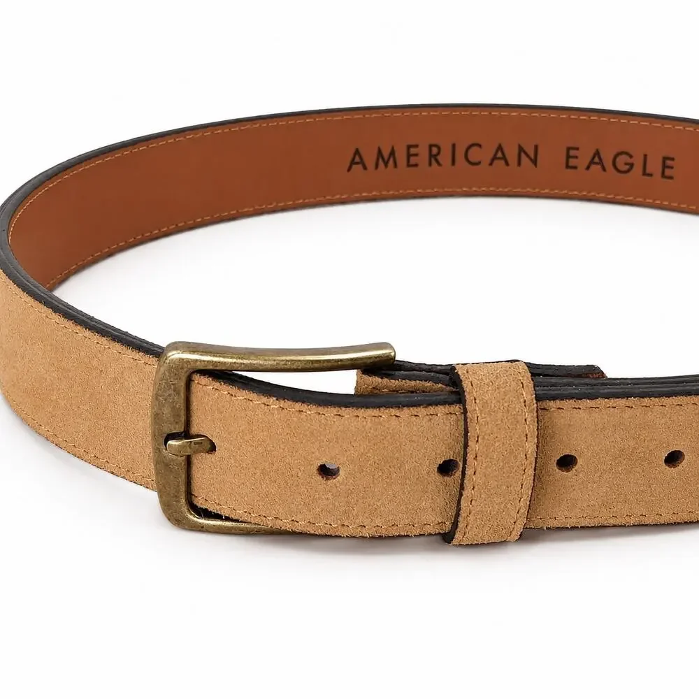 American Eagle Suede Leather Belt Brass Tone Buckle Tan Medium Unisex M Brown‎
